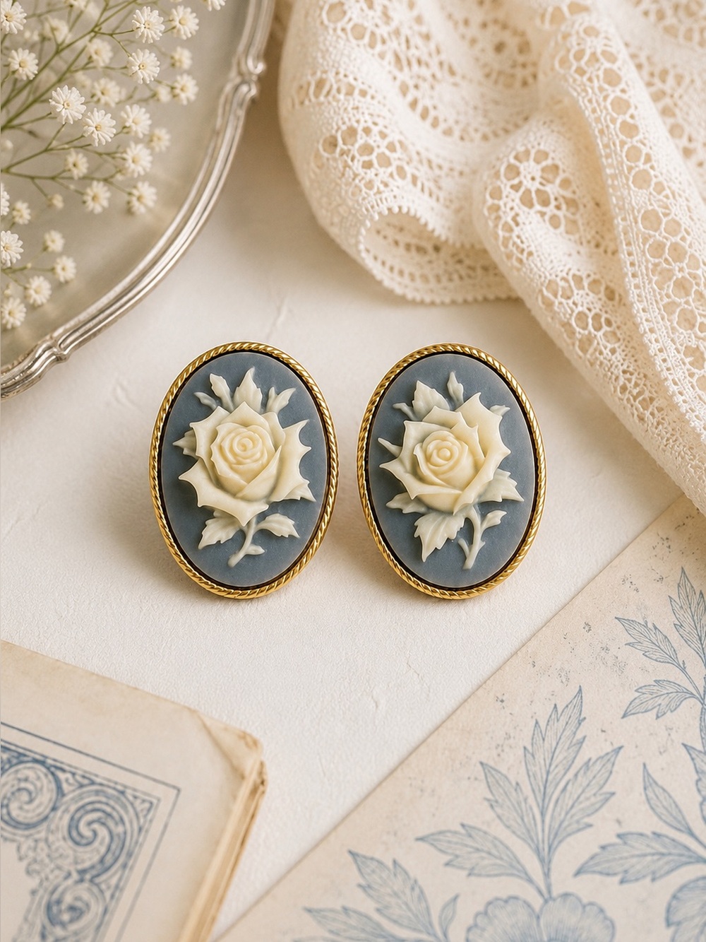 Vintage Avon Rose Cameo Clip-On Earrings – Gold Tone & Pale Blue-Gray Background